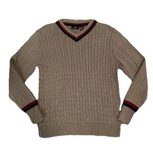 Y2K Cable Knit Varsity Sweater Men's XL‎ Striped V Neck Preppy Fisherman's